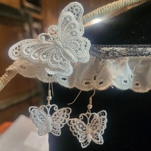 Handcrafted White Butterfly Pin & Earrings